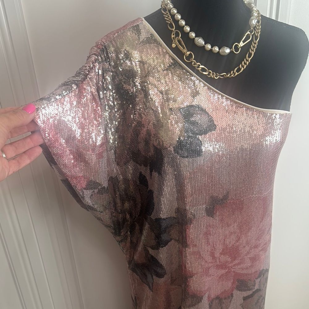 Anthropologie One Shoulder Sequin Floral Dress - Pink and Black - Picture 3 of 6